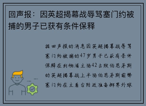 回声报：因英超揭幕战辱骂塞门约被捕的男子已获有条件保释